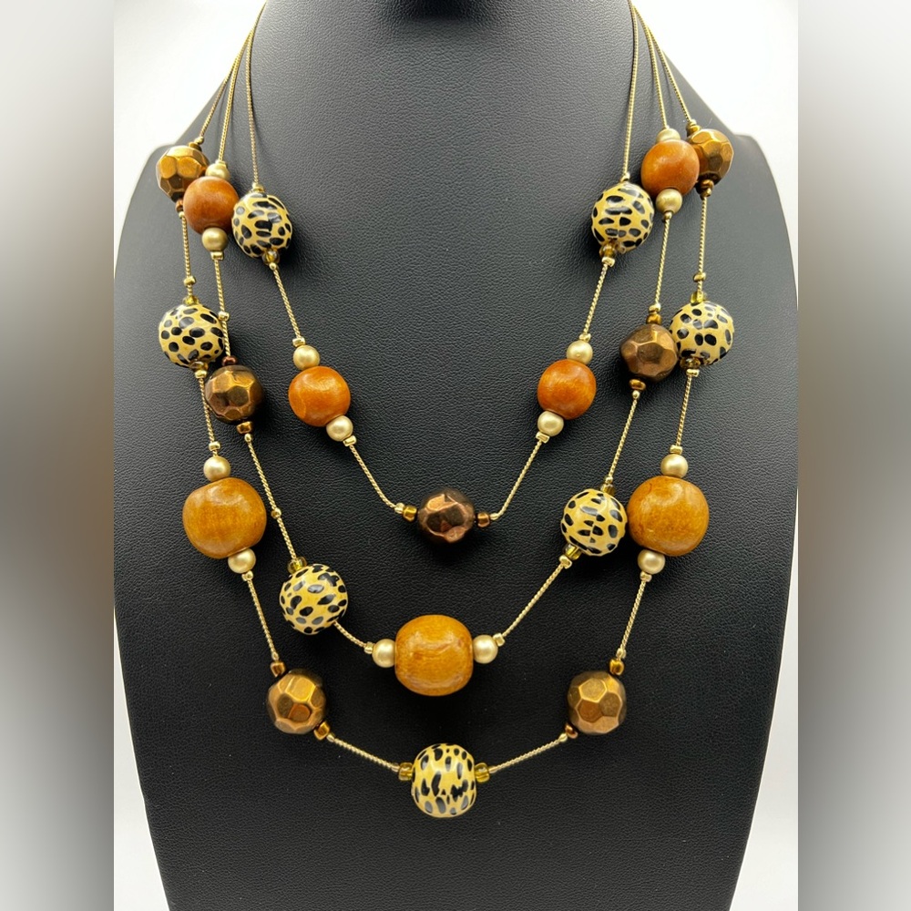 Wooden Bead Multi Strand Necklace Animal Print Chunky